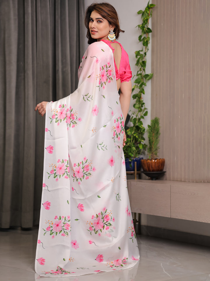 Ivory White Satin Georgette Floral Printed Saree with Pink Blouse – Soft Blossom Designer Drape