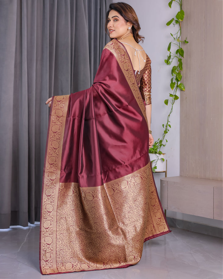 Wine Maroon Pure Kanjivaram Silk Saree with Grand Floral Zari Border & Pallu – 5.5m Saree + 0.8m Blouse Piece