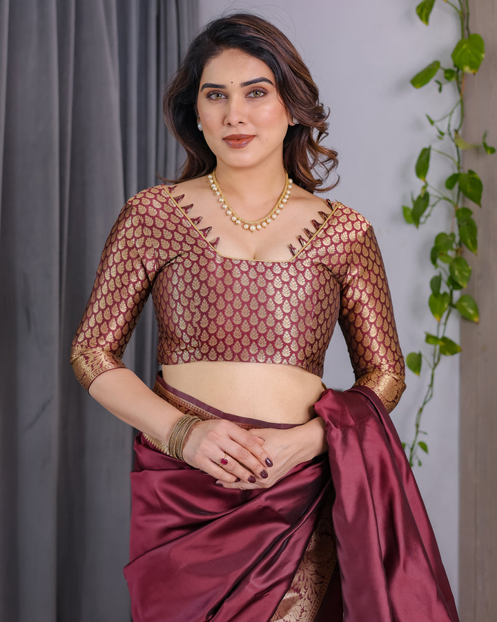 Wine Maroon Pure Kanjivaram Silk Saree with Grand Floral Zari Border & Pallu – 5.5m Saree + 0.8m Blouse Piece