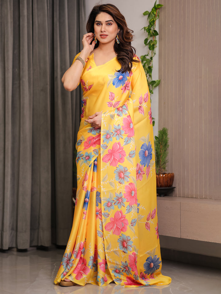 Mustard Yellow Satin Georgette Floral Printed Saree with Attached Blouse – Vibrant Garden Bloom Designer Drape