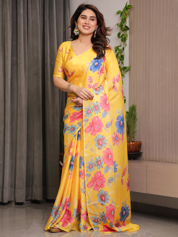 Mustard Yellow Satin Georgette Floral Printed Saree with Attached Blouse – Vibrant Garden Bloom Designer Drape