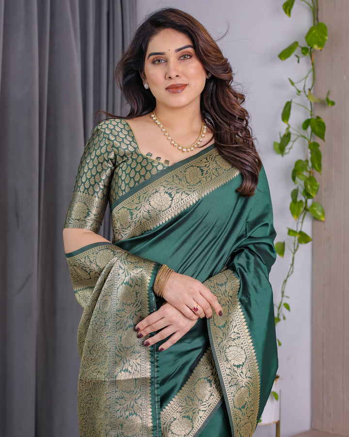 Deep Bottle Green Pure Kanjivaram Silk Saree with Floral Golden Zari Border & Blouse – 5.5m Saree + 0.8m Blouse Piece