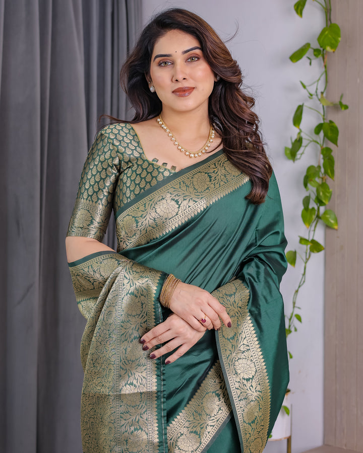 Deep Bottle Green Pure Kanjivaram Silk Saree with Floral Golden Zari Border & Blouse – 5.5m Saree + 0.8m Blouse Piece