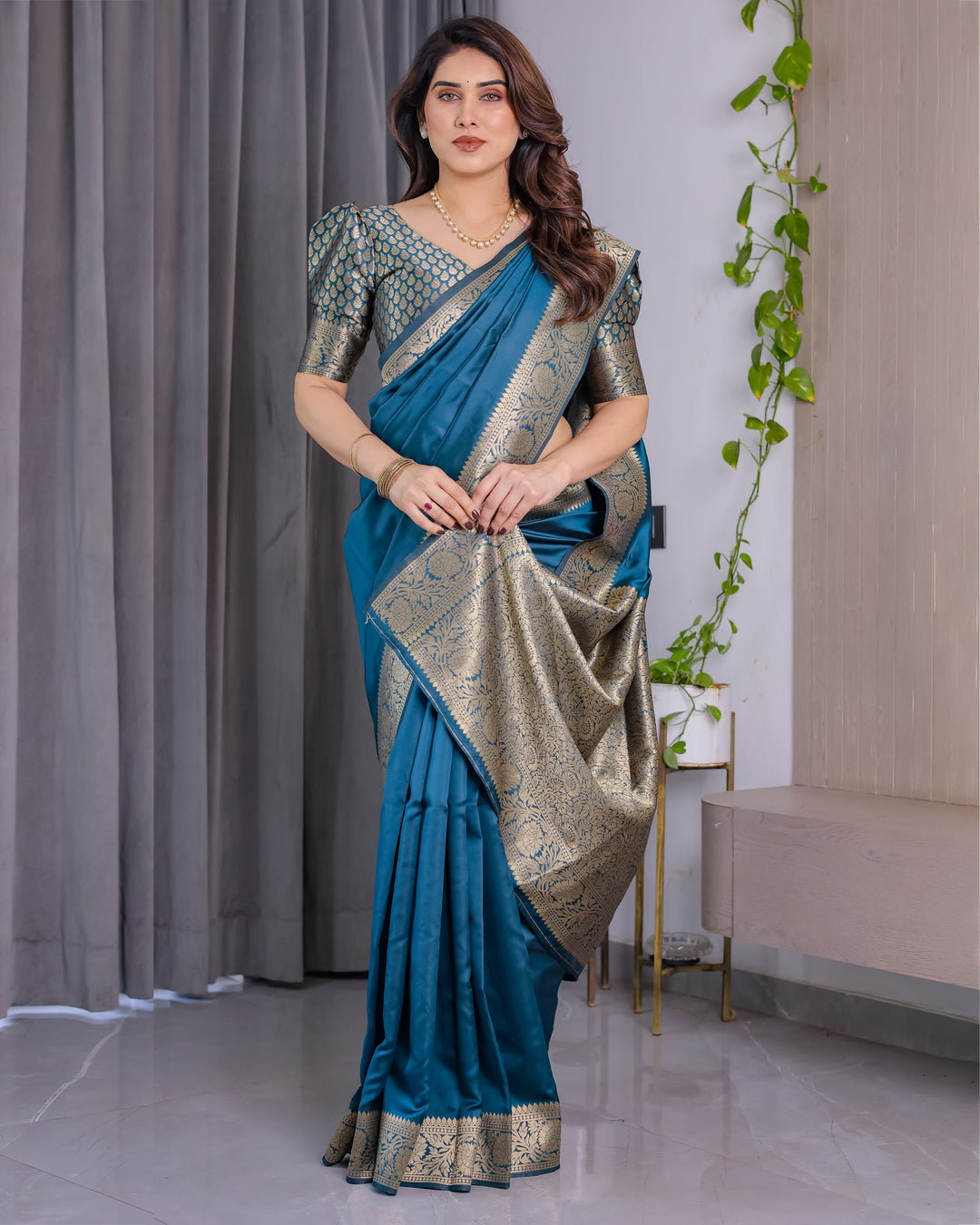 Teal Blue Pure Kanjivaram Silk Saree with Rich Floral Golden Zari Border & Blouse – 5.5m Saree + 0.8m Blouse Piece