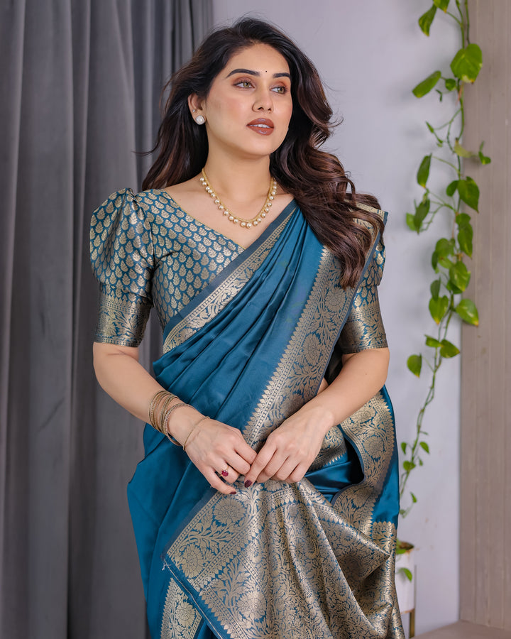 Teal Blue Pure Kanjivaram Silk Saree with Rich Floral Golden Zari Border & Blouse – 5.5m Saree + 0.8m Blouse Piece