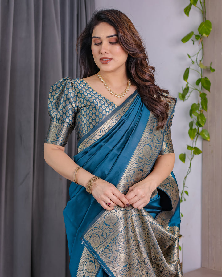 Teal Blue Pure Kanjivaram Silk Saree with Rich Floral Golden Zari Border & Blouse – 5.5m Saree + 0.8m Blouse Piece