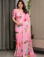 Blush Pink Satin Georgette Floral Printed Saree with Attached Blouse – Soft Pastel Bloom Designer Drape