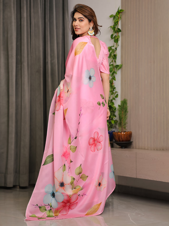 Blush Pink Satin Georgette Floral Printed Saree with Attached Blouse – Soft Pastel Bloom Designer Drape