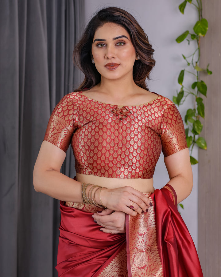 Rust Red Pure Kanjivaram Silk Saree with Intricate Floral Golden Zari Border & Blouse – 5.5m Saree + 0.8m Blouse Piece