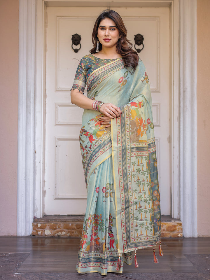 Mint Green Folk Printed Handloom Cotton Saree with Village Scene Panel Pallu, Ornamental Border & Tassels – Traditional Ethnic Wear