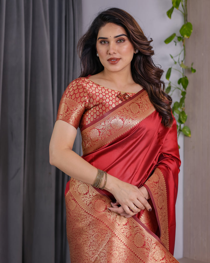 Rust Red Pure Kanjivaram Silk Saree with Intricate Floral Golden Zari Border & Blouse – 5.5m Saree + 0.8m Blouse Piece