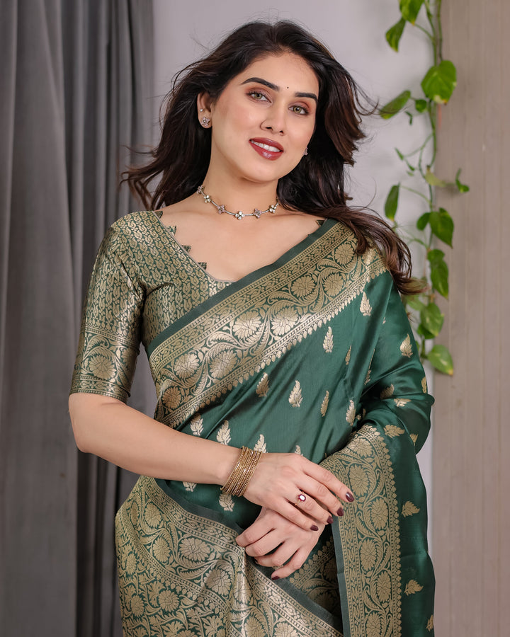 Dark Green Pure Kanjivaram Silk Saree with Golden Leaf Motifs & Floral Zari Border – 5.5m Saree + 0.8m Blouse Piece