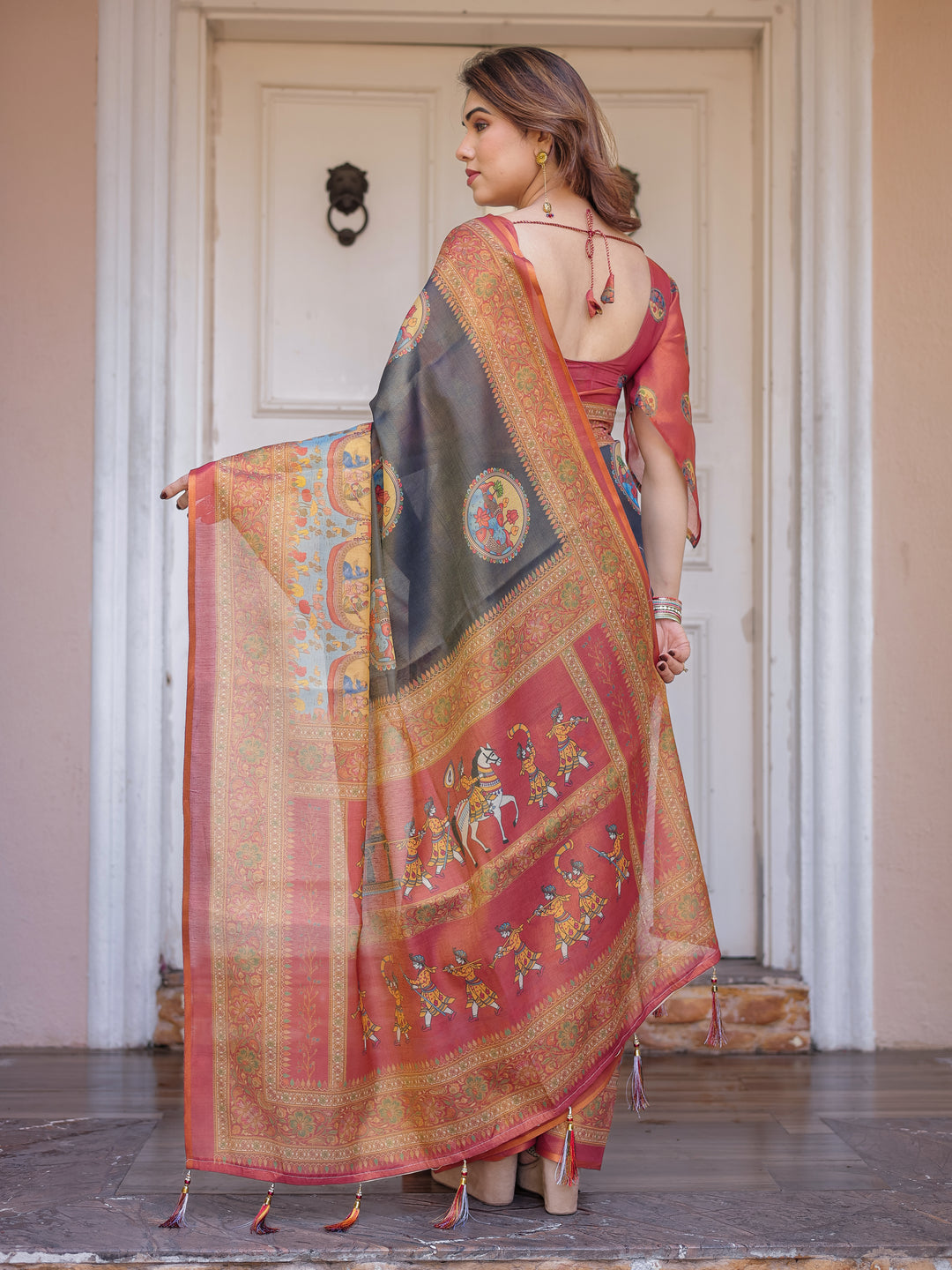 Rust Red & Charcoal Grey Traditional Folk Art Printed Handloom Cotton Saree with Heritage Border & Tassels – Cultural Festive Wear