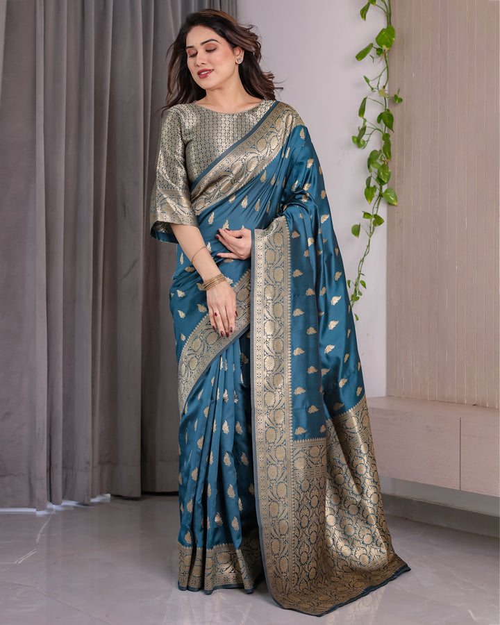 Peacock Blue Pure Kanjivaram Silk Saree with Gold Leaf Motifs & Ornate Floral Zari Border – 5.5m Saree + 0.8m Blouse Piece