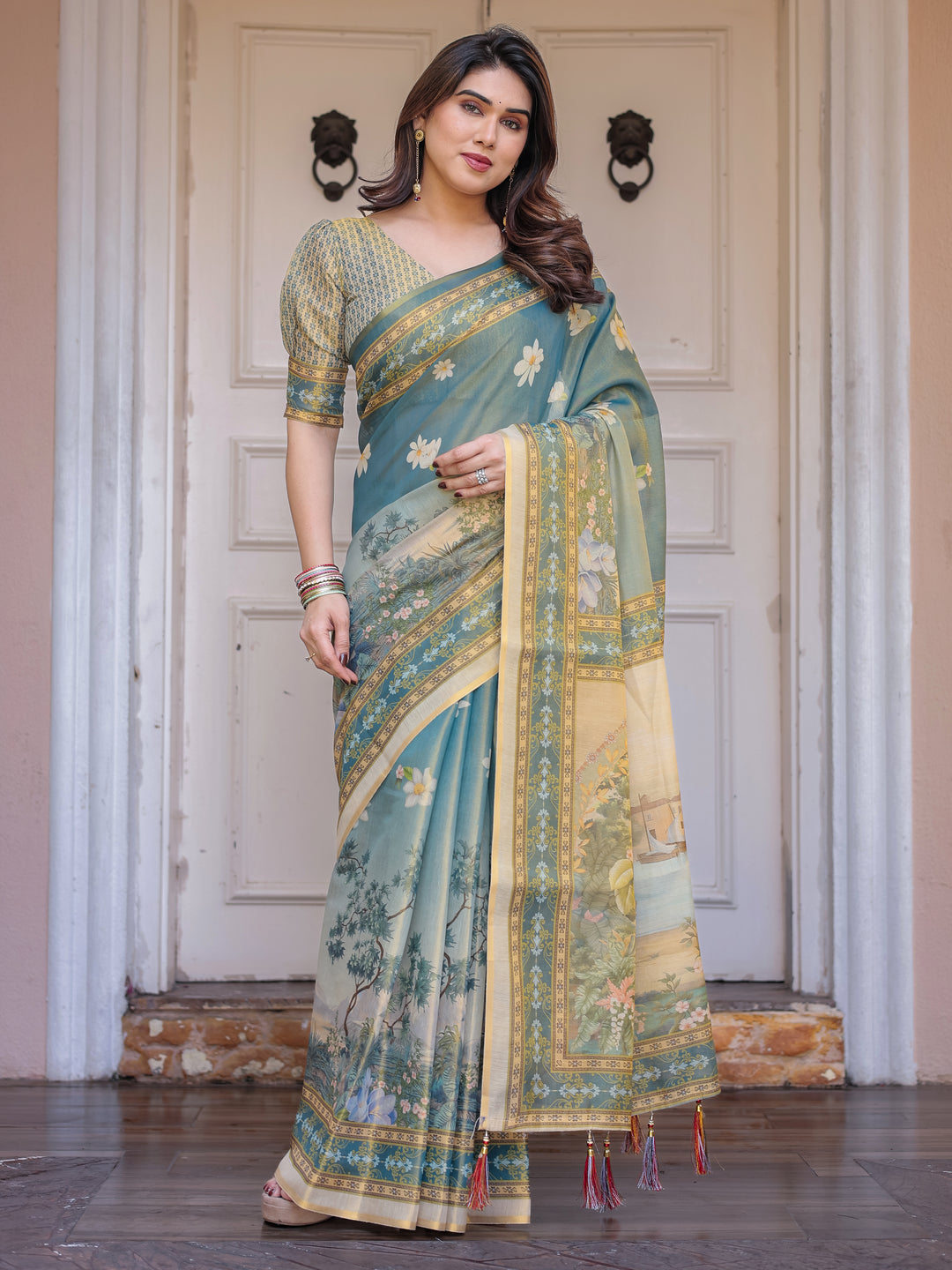 Pastel Sea-Green Scenic Landscape Printed Handloom Cotton Saree with Artistic Pallu & Tassels – Elegant Day Wear