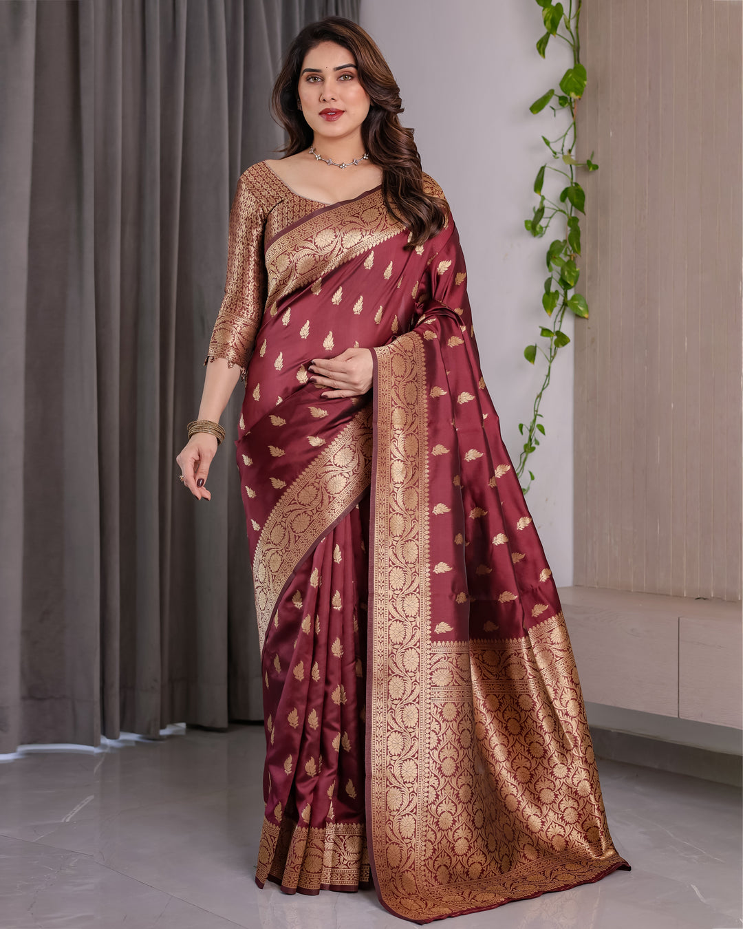 Maroon Pure Kanjivaram Silk Saree with Gold Leaf Motifs & Grand Floral Zari Pallu – 5.5m Saree + 0.8m Blouse Piece