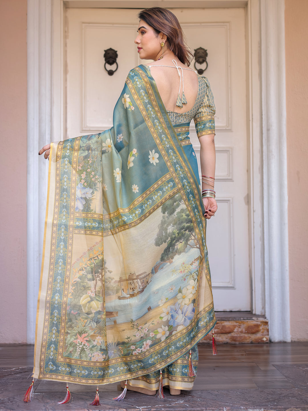 Pastel Sea-Green Scenic Landscape Printed Handloom Cotton Saree with Artistic Pallu & Tassels – Elegant Day Wear