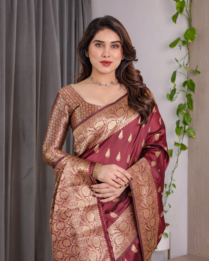 Maroon Pure Kanjivaram Silk Saree with Gold Leaf Motifs & Grand Floral Zari Pallu – 5.5m Saree + 0.8m Blouse Piece