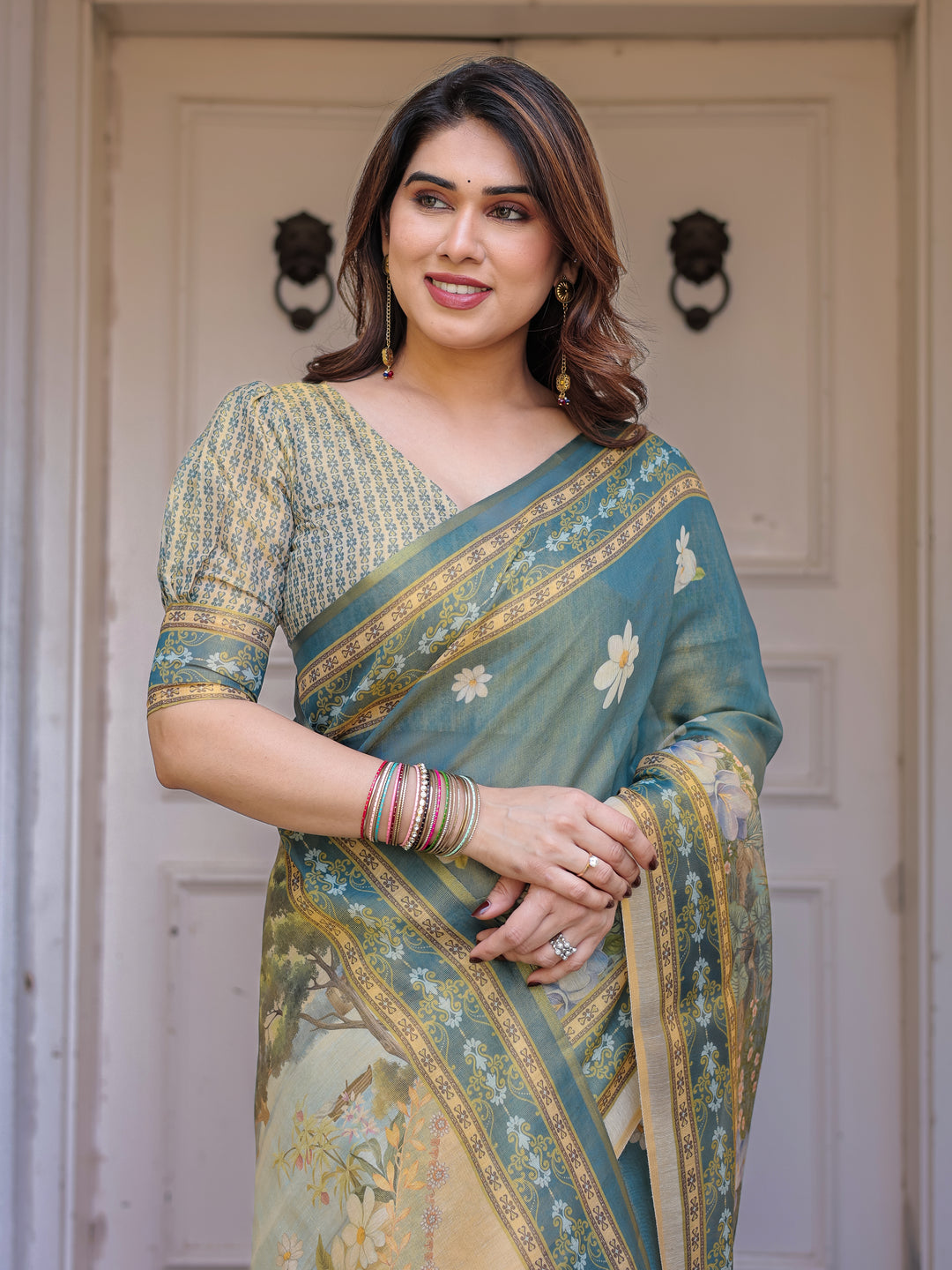 Pastel Sea-Green Scenic Landscape Printed Handloom Cotton Saree with Artistic Pallu & Tassels – Elegant Day Wear
