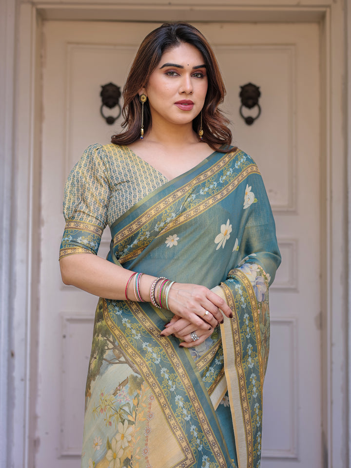 Pastel Sea-Green Scenic Landscape Printed Handloom Cotton Saree with Artistic Pallu & Tassels – Elegant Day Wear