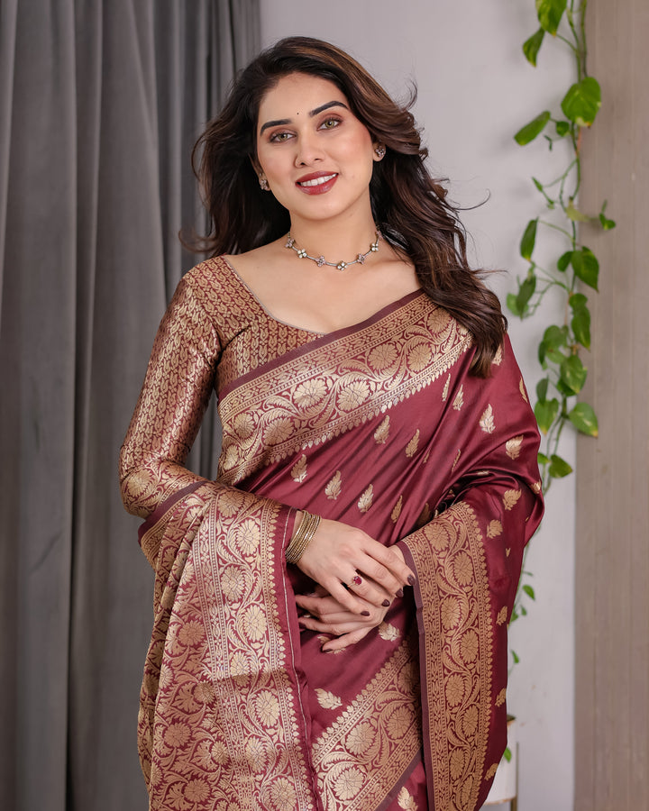 Maroon Pure Kanjivaram Silk Saree with Gold Leaf Motifs & Grand Floral Zari Pallu – 5.5m Saree + 0.8m Blouse Piece