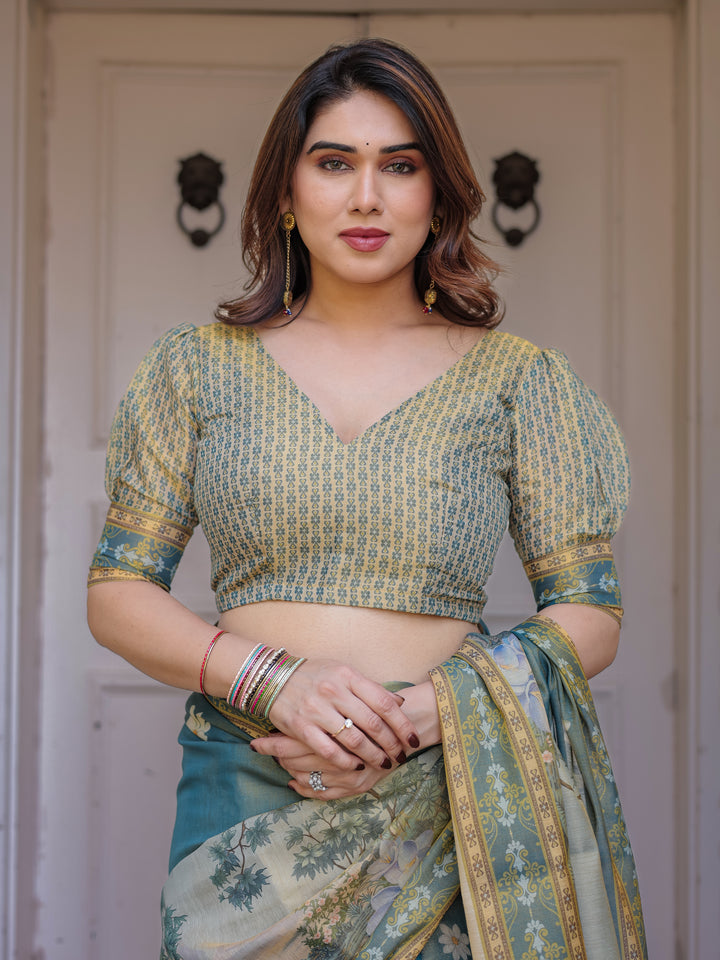 Pastel Sea-Green Scenic Landscape Printed Handloom Cotton Saree with Artistic Pallu & Tassels – Elegant Day Wear