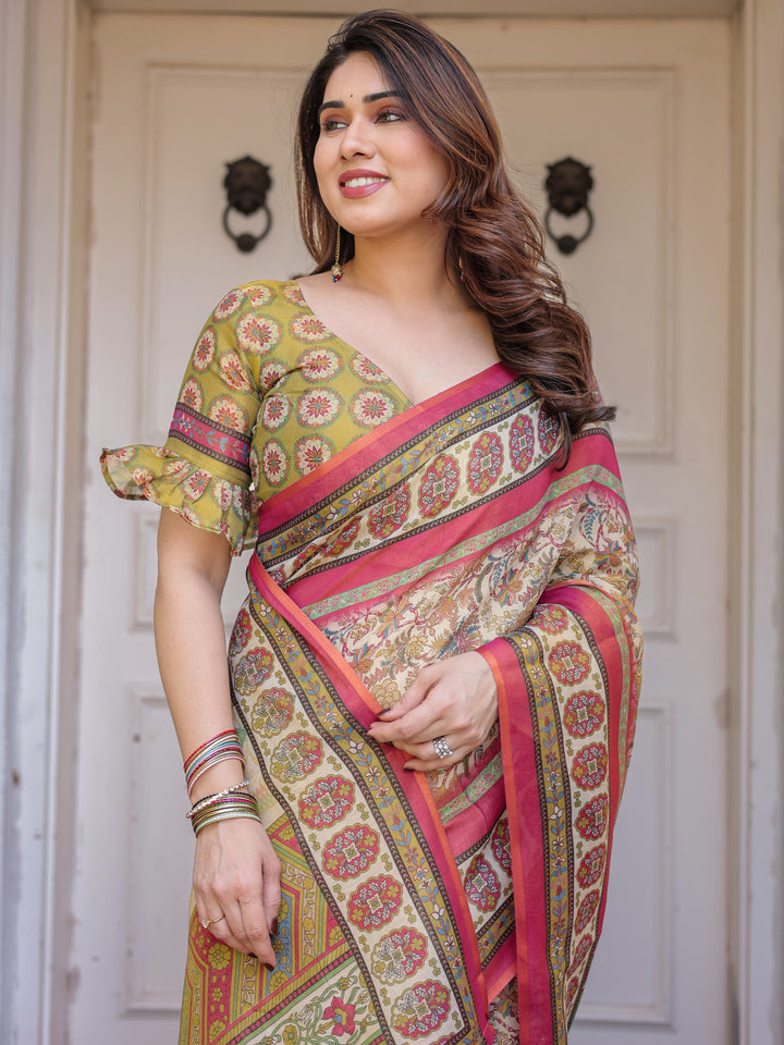 Cream & Pink Floral Heritage Printed Handloom Cotton Saree with Traditional Border & Tassels – Elegant Festive Wear