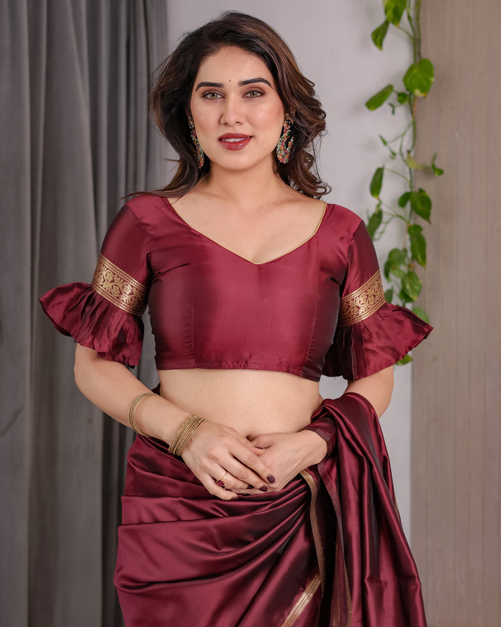 Maroon Soft Kanjivaram Silk Saree with Golden Zari Pallu & Designer Blouse | 5.5m Saree + 0.8m Blouse