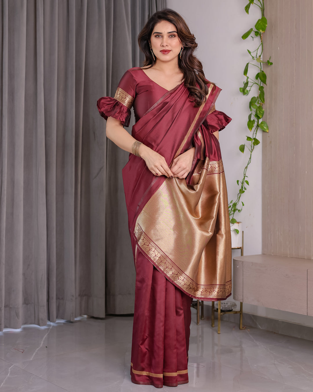 Maroon Soft Kanjivaram Silk Saree with Golden Zari Pallu & Designer Blouse | 5.5m Saree + 0.8m Blouse