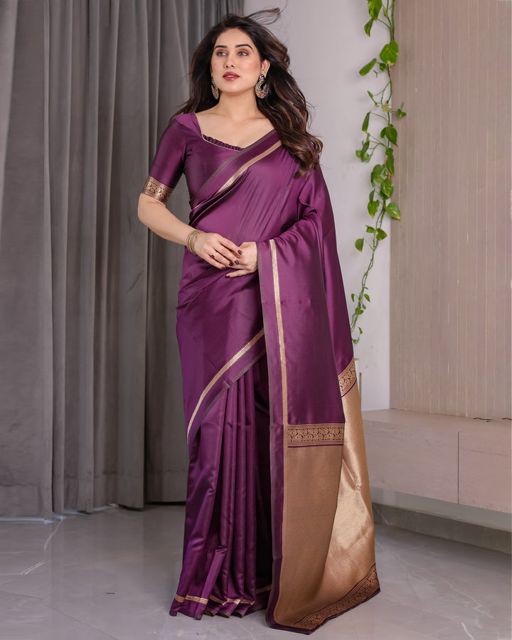 Royal Purple Soft Kanjivaram Silk Saree with Antique Gold Zari Pallu & Blouse | 5.5m Saree + 0.8m Blouse Piece
