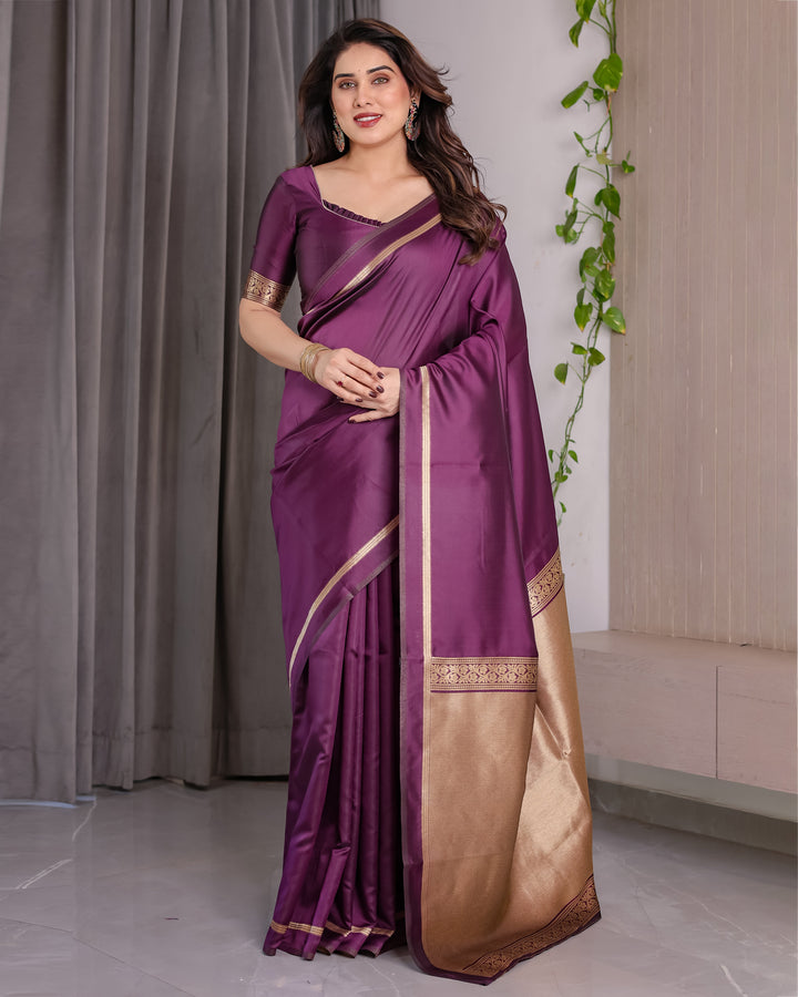 Royal Purple Soft Kanjivaram Silk Saree with Antique Gold Zari Pallu & Blouse | 5.5m Saree + 0.8m Blouse Piece
