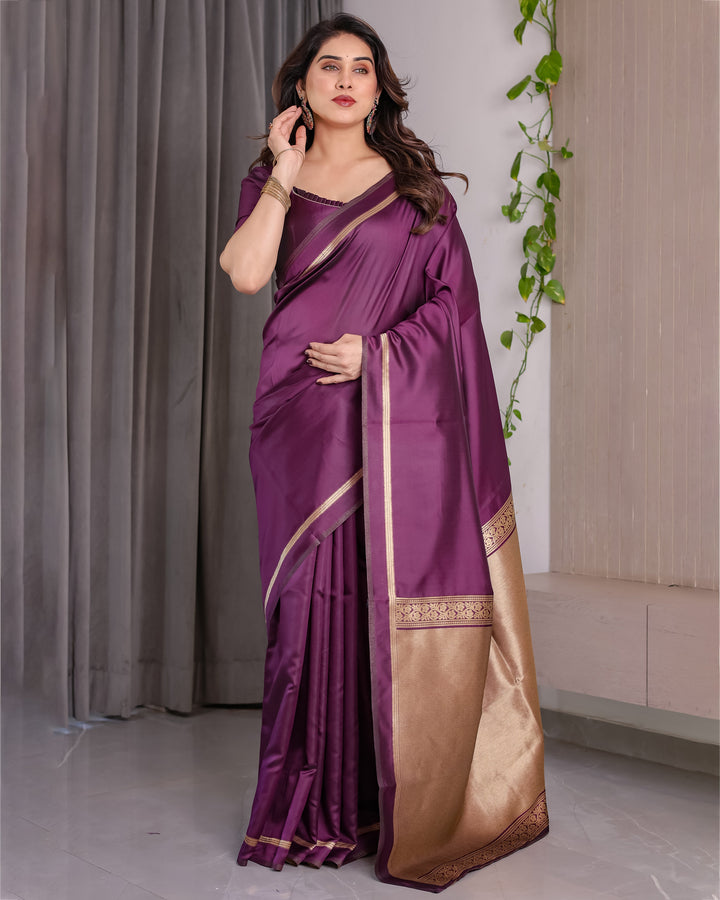 Royal Purple Soft Kanjivaram Silk Saree with Antique Gold Zari Pallu & Blouse | 5.5m Saree + 0.8m Blouse Piece