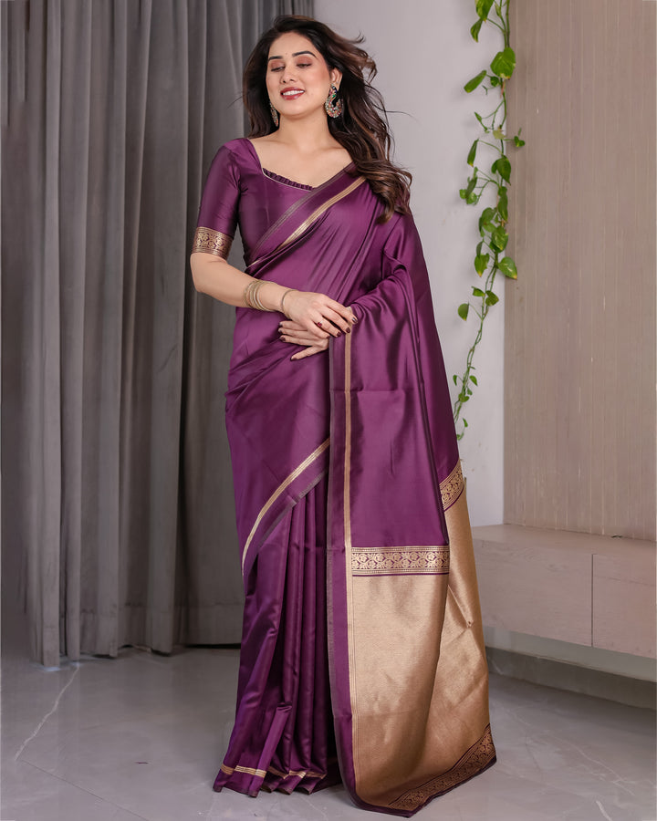 Royal Purple Soft Kanjivaram Silk Saree with Antique Gold Zari Pallu & Blouse | 5.5m Saree + 0.8m Blouse Piece