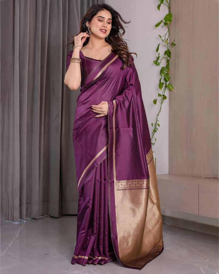 Royal Purple Soft Kanjivaram Silk Saree with Antique Gold Zari Pallu & Blouse | 5.5m Saree + 0.8m Blouse Piece