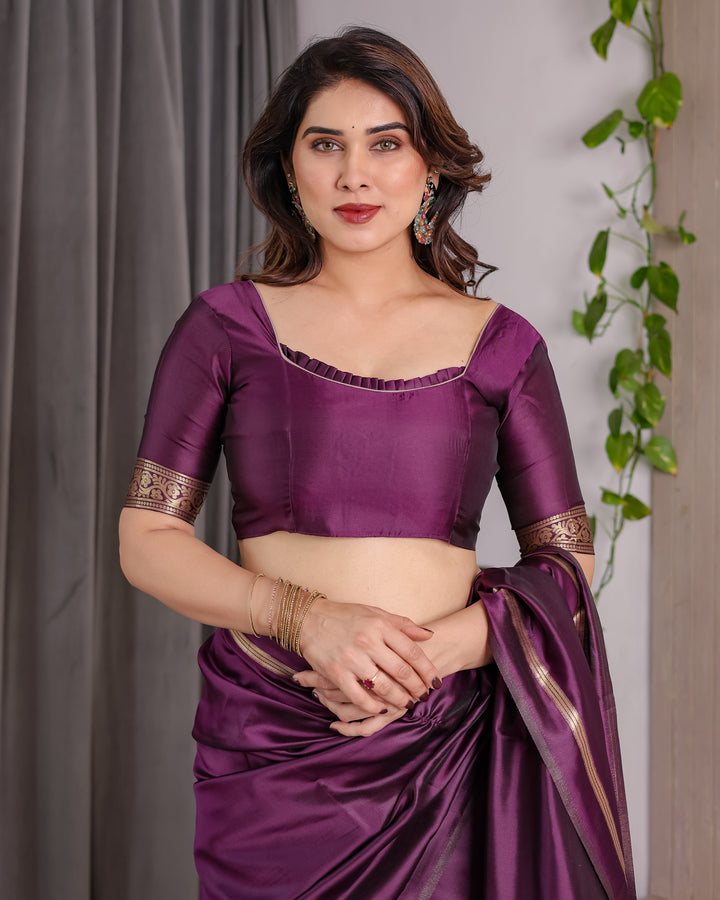 Royal Purple Soft Kanjivaram Silk Saree with Antique Gold Zari Pallu & Blouse | 5.5m Saree + 0.8m Blouse Piece