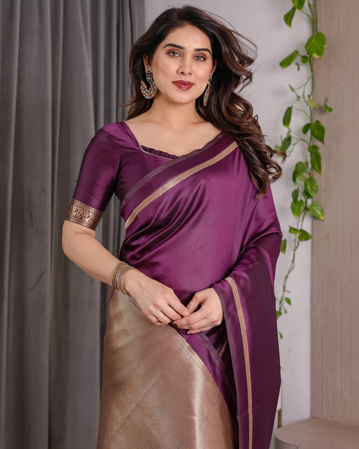 Royal Purple Soft Kanjivaram Silk Saree with Antique Gold Zari Pallu & Blouse | 5.5m Saree + 0.8m Blouse Piece