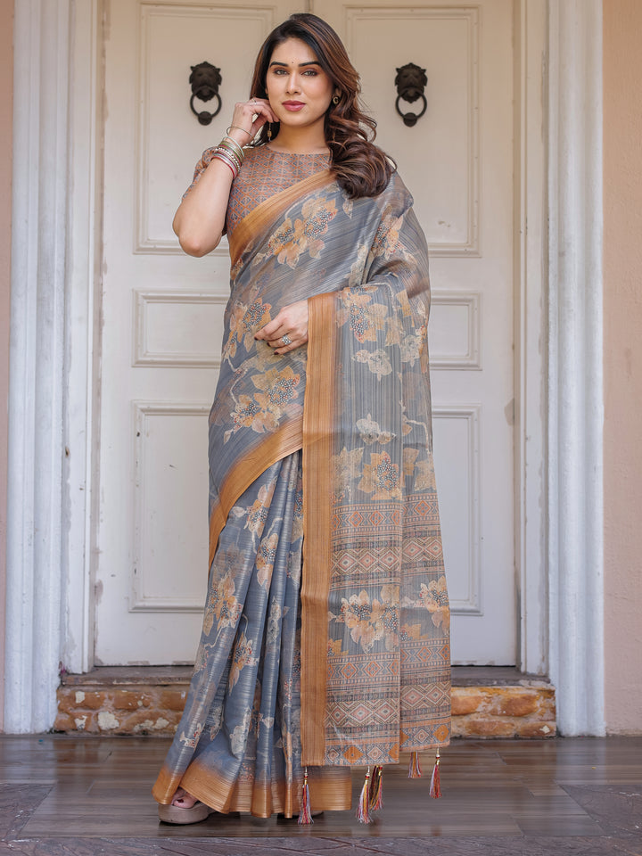 Steel Grey & Rust Gold Floral Handloom Cotton-Linen Saree with Zari Border & Tassels – Elegant Traditional Wear