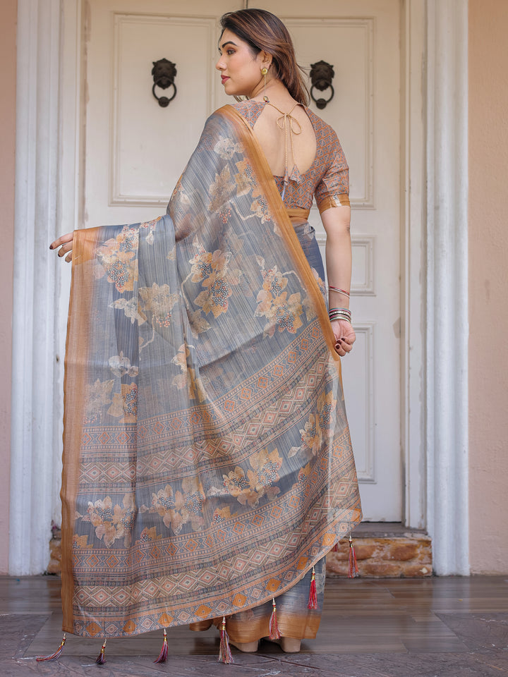 Steel Grey & Rust Gold Floral Handloom Cotton-Linen Saree with Zari Border & Tassels – Elegant Traditional Wear