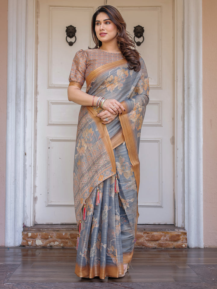 Steel Grey & Rust Gold Floral Handloom Cotton-Linen Saree with Zari Border & Tassels – Elegant Traditional Wear