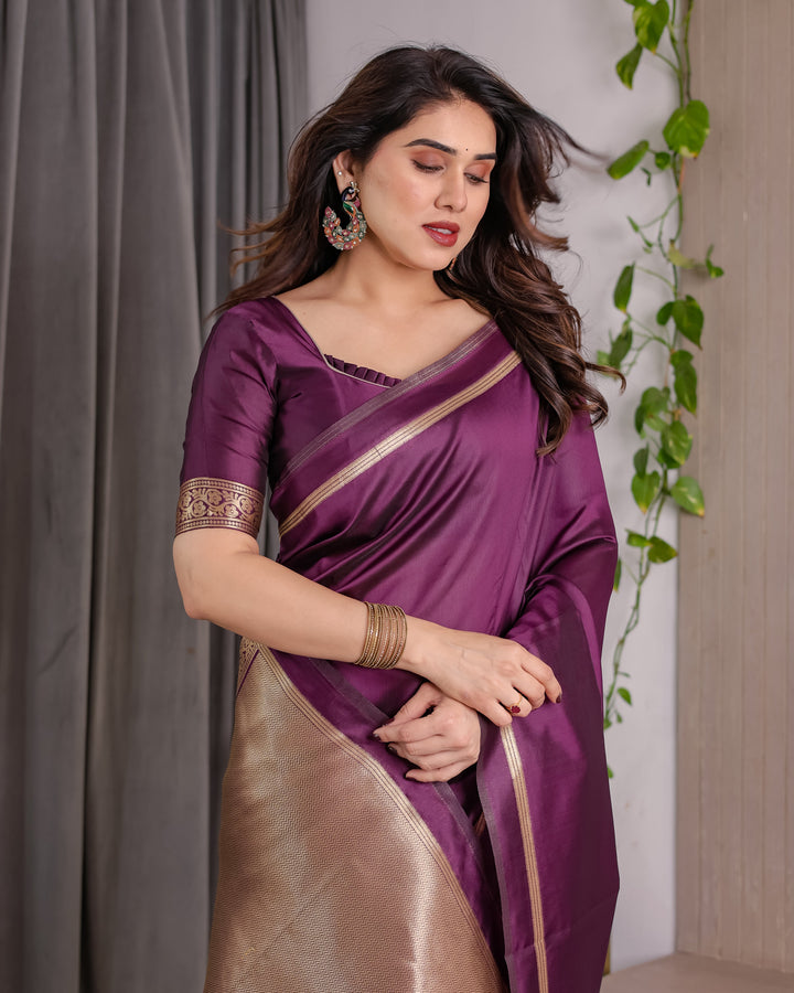 Royal Purple Soft Kanjivaram Silk Saree with Antique Gold Zari Pallu & Blouse | 5.5m Saree + 0.8m Blouse Piece