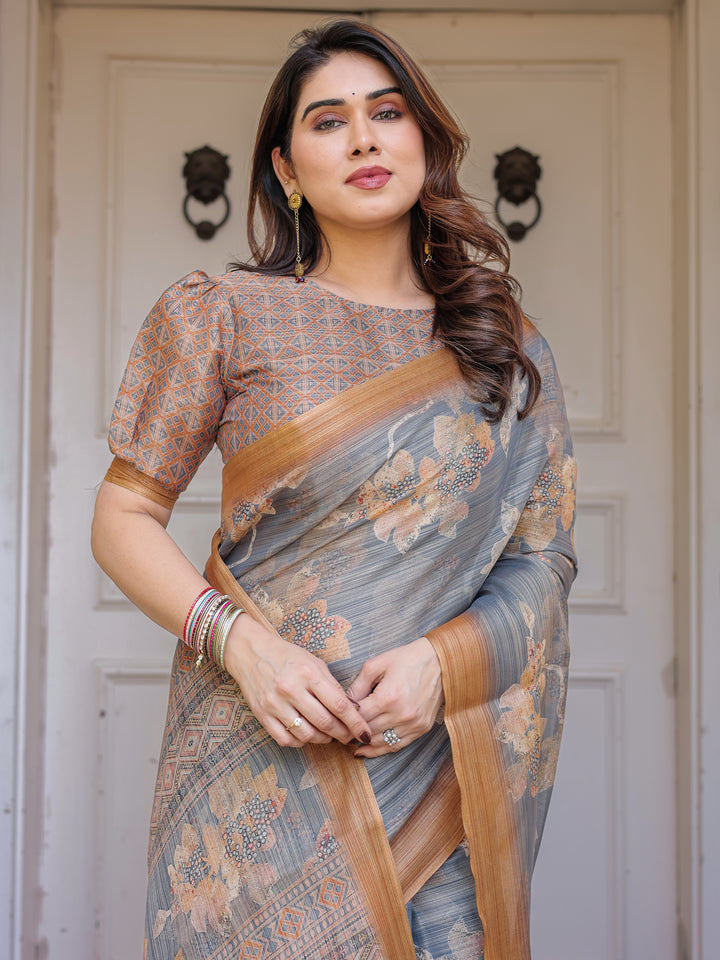 Steel Grey & Rust Gold Floral Handloom Cotton-Linen Saree with Zari Border & Tassels – Elegant Traditional Wear