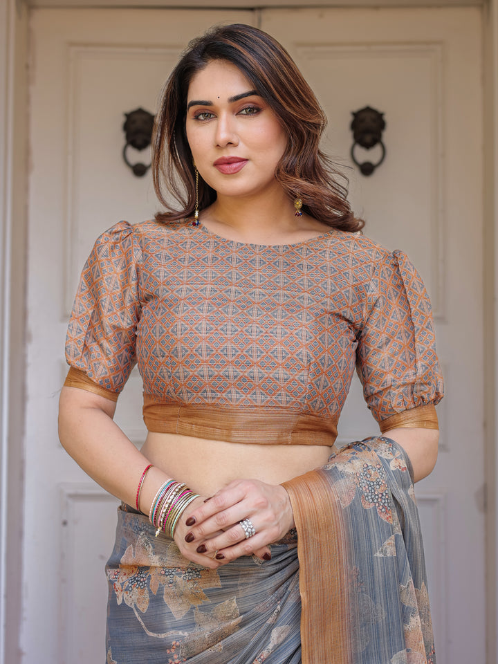 Steel Grey & Rust Gold Floral Handloom Cotton-Linen Saree with Zari Border & Tassels – Elegant Traditional Wear