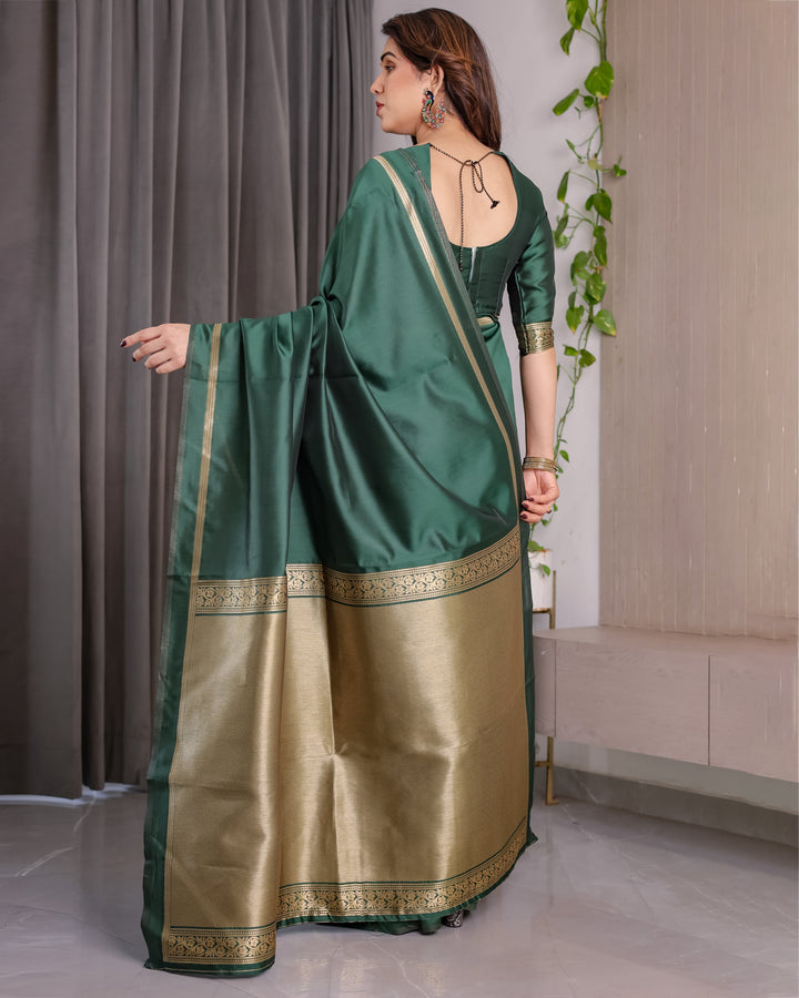 Emerald Green Soft Kanjivaram Silk Saree with Golden Zari Border & Rich Pallu | 5.5m Saree + 0.8m Blouse Piece