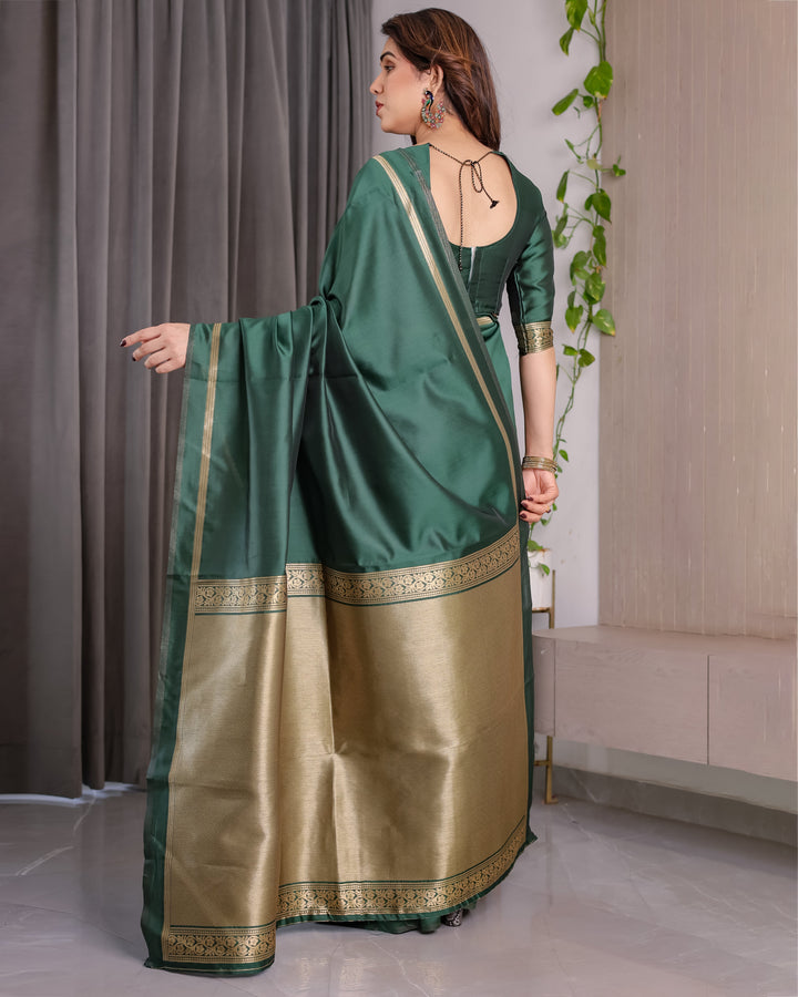 Emerald Green Soft Kanjivaram Silk Saree with Golden Zari Border & Rich Pallu | 5.5m Saree + 0.8m Blouse Piece