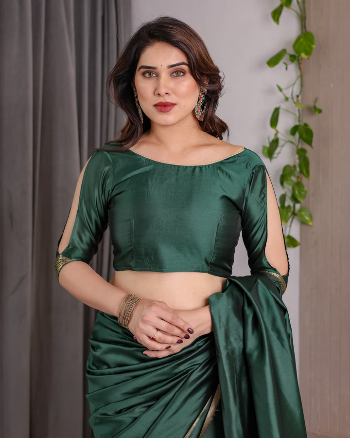 Emerald Green Soft Kanjivaram Silk Saree with Golden Zari Border & Rich Pallu | 5.5m Saree + 0.8m Blouse Piece