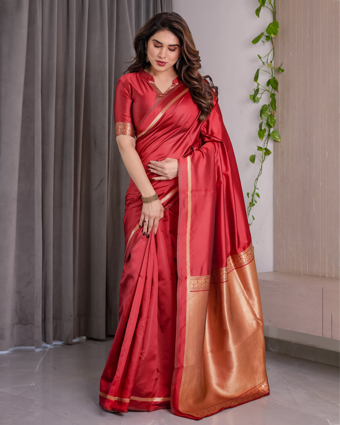 Cherry Red Soft Kanjivaram Silk Saree with Golden Zari Border & Elegant Pallu | 5.5m Saree + 0.8m Blouse Piece