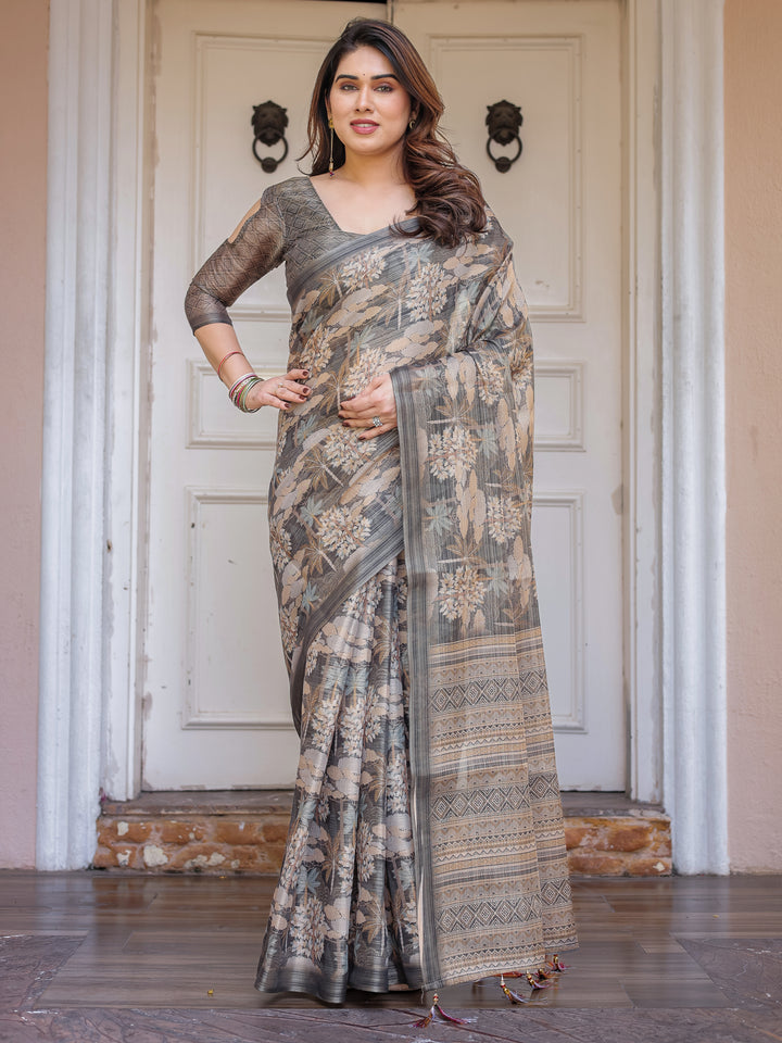 Taupe Grey & Beige Floral Handloom Cotton-Linen Saree with Woven Pallu & Tassels – Classic Ethnic Wear