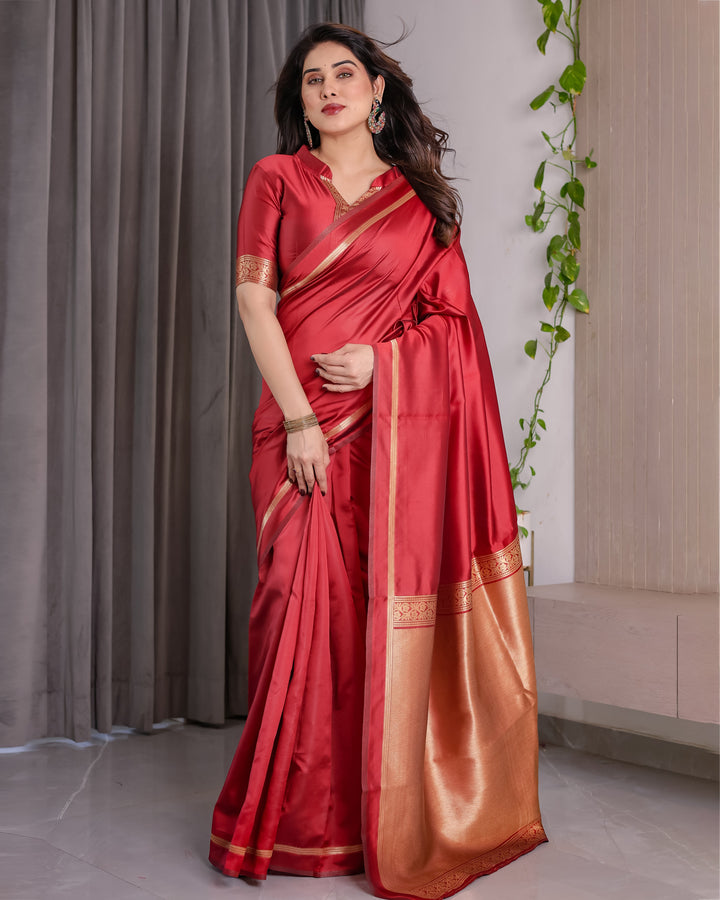 Cherry Red Soft Kanjivaram Silk Saree with Golden Zari Border & Elegant Pallu | 5.5m Saree + 0.8m Blouse Piece