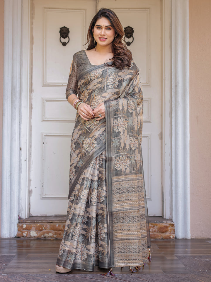 Taupe Grey & Beige Floral Handloom Cotton-Linen Saree with Woven Pallu & Tassels – Classic Ethnic Wear
