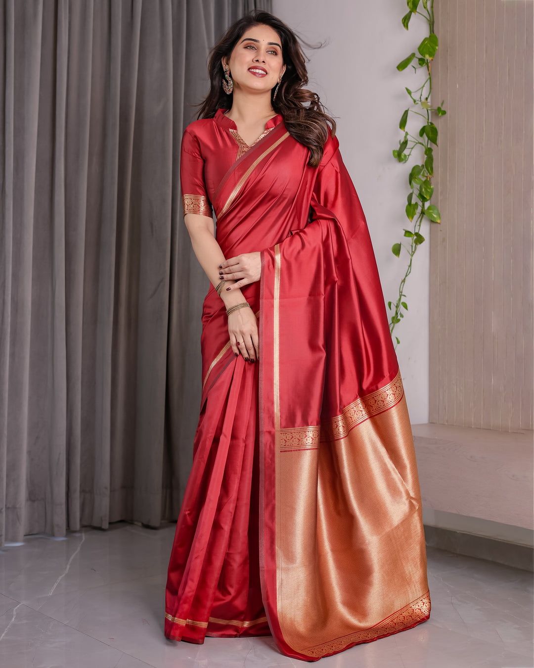 Cherry Red Soft Kanjivaram Silk Saree with Golden Zari Border & Elegant Pallu | 5.5m Saree + 0.8m Blouse Piece